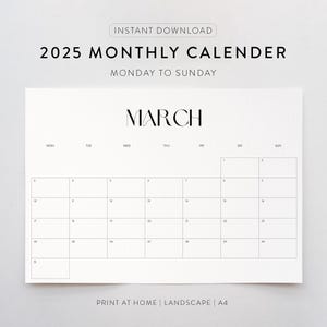 Printable 2025 Calendar, 2025 Monthly Planner, Monthly calendar, Monday Start, Minimalist Landscape Calendar A4, Printable PDF