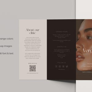 Professional skin clinic brochure template, brown premium branding style, printable and editable in Canva, trifold format with treatments like injectables, waxing and lashes