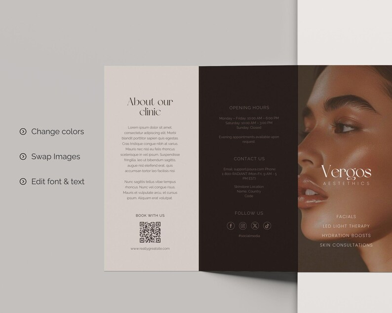 Professional skin clinic brochure template, brown premium branding style, printable and editable in Canva, trifold format with treatments like injectables, waxing and lashes