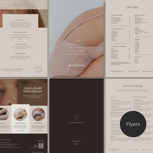 Matching esthetician service flyer and price list collection designed for skincare professionals offering facial and advanced skin treatments. Includes coordinated service menus, pricing layouts, and salon marketing materials with a modern serif font and clean aesthetic design. Editable Canva templates ideal for estheticians, med spas, and skincare clinics providing facials, microneedling, waxing, hair removal, brows, lashes, and aesthetic skin services.