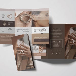 Broszura Trifold Jewelry, edytowalny szablon Canva, składana ulotka w rozmiarze UE, nowoczesny projekt broszury dla branży jubilerskiej, natychmiastowe pobranie