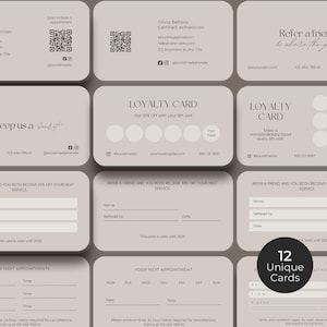 Esthetician business card, referral card, appointment card and loyalty card templates included in a printable beauty branding kit. Editable Canva designs created for estheticians, salons, and spa businesses to attract repeat clients and referrals. Professional marketing materials perfect for skincare professionals, beauty startups, and salon branding consistency.
