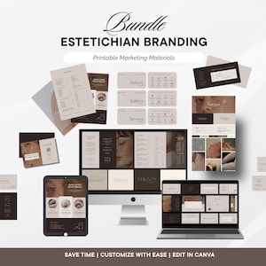 Esthetician branding bundle with printable marketing materials and editable Canva templates designed for beauty professionals, salons, and spas. Includes logo templates, trifold price list brochure, flyers, business cards, referral cards, loyalty cards, appointment cards, gift cards, vouchers, and aftercare cards. Complete digital download for estheticians starting a beauty business or rebranding a salon.
