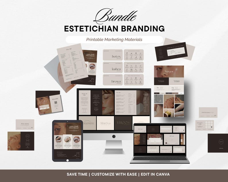 Esthetician branding bundle with printable marketing materials and editable Canva templates designed for beauty professionals, salons, and spas. Includes logo templates, trifold price list brochure, flyers, business cards, referral cards, loyalty cards, appointment cards, gift cards, vouchers, and aftercare cards. Complete digital download for estheticians starting a beauty business or rebranding a salon.
