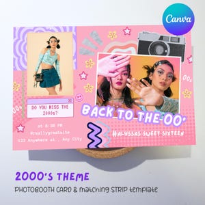 Modelo de cabine de fotos com tema dos anos 2000 | Faixa e cartão editáveis do Canva | Cenário para festa Y2K, convite de aniversário, tema retrô, download digital