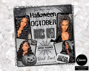 October Booking Flyer, October Books Open, Halloween Hair Flyer, Spooky SZN Flyer, October Hair Flyer, Nails MUA Lash Locs Wig, DIY Canva