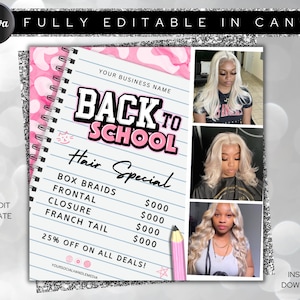 Back To School Sale Flyer, DIY Flyer Template Design, Back To School Hair Flyer, Hair Specials Flyer, Premade Social Media Hair Bundle Post