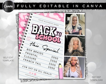 Back To School Sale Flyer, DIY Flyer Template Design, Back To School Hair Flyer, Hair Specials Flyer, Premade Social Media Hair Bundle Post