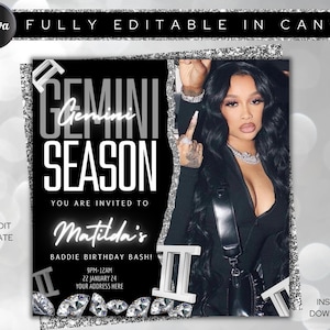 May include: Black and silver Gemini Season birthday party invitation template. The invitation includes the text "Gemini Season", "Matilda's Baddie Birthday Bash!", and event details. The image features a woman in a black outfit.