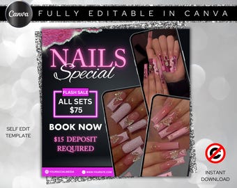 Nagelbokningsflyer, nagelspecialflyer, gör-det-själv-flyermalldesign, tidsbokningsflyer för september, hårfransar på Instagram, boka nu-flyer