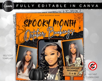 Folleto de reservas de octubre, Reservas de octubre abiertas, Folleto de peinados de Halloween, Folleto de temporada espeluznante, Folleto de peinados de octubre, Uñas MUA Lash Locs Peluca, DIY Canva