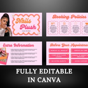 以下が含まれることがあります： ネイルサロン「Nails Plush Nail Studio」のピンクとオレンジのグラフィックデザインテンプレートです。このテンプレートには、予約ポリシー、追加情報、予約前の指示に関する情報が含まれています。このテンプレートはCanvaで完全に編集できます。