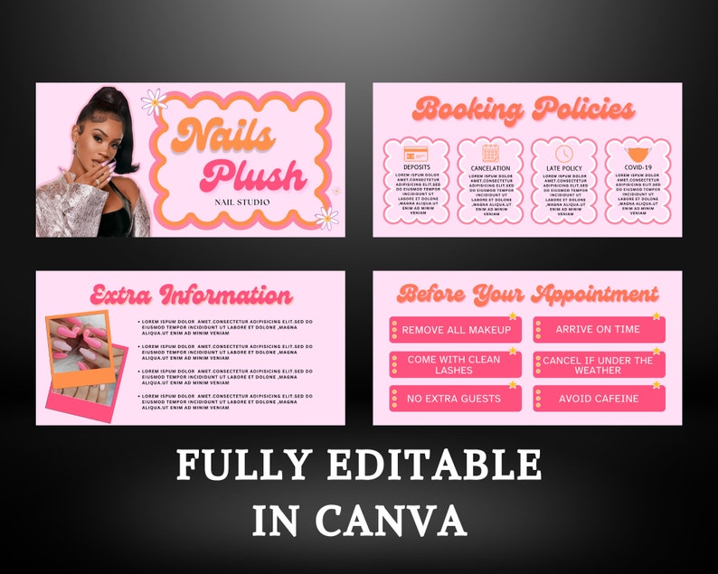 以下が含まれることがあります： ネイルサロン「Nails Plush Nail Studio」のピンクとオレンジのグラフィックデザインテンプレートです。このテンプレートには、予約ポリシー、追加情報、予約前の指示に関する情報が含まれています。このテンプレートはCanvaで完全に編集できます。