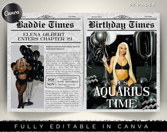Aquarius Birthday Newspaper Canva Template, Birthday Newspaper Template, Birthday Program, Large Birthday Newspaper,Edit Newspaper Itinerary