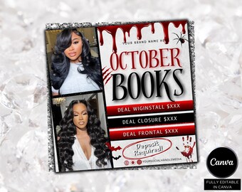 October Booking Flyer, October Books Open, Halloween Hair Flyer, Spooky SZN Flyer, October Hair Flyer, Nails MUA Lash Locs Wig, DIY Canva