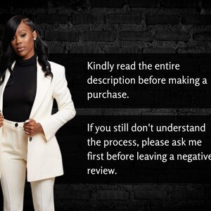 May include: A woman wearing a cream-colored suit with a black turtleneck. The image includes text that reads, "Kindly read the entire description before making a purchase. If you still don't understand the process, please ask me first before leaving a negative review."