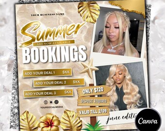 May include: A promotional flyer with a marble background, gold accents, and two photos of a woman with long blonde hair. The flyer says "Summer Bookings are Now Available" and includes text that says "Only $120" and "Valid Till 2/09".