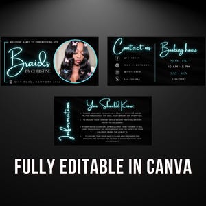May include: A black and white digital flyer with neon blue text advertising a braiding service called "Braids by Christine". The flyer includes contact information, booking hours, and a section titled "You Should Know" with information about the service.