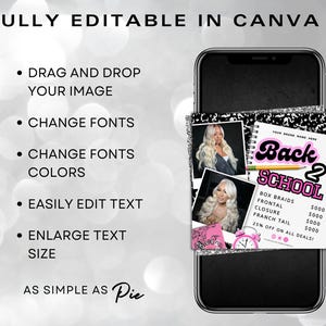 Op de afbeelding: Een smartphone toont een digitale flyer met de tekst "Back 2 School" in roze en zwart, die haarstylingservices promoot. De flyer bevat foto's van vrouwen met lang blond haar en de tekst "Fully Editable in Canva."