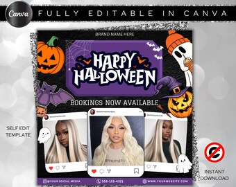 Folleto de reservas de octubre, Reservas de octubre abiertas, Folleto de peinados de Halloween, Folleto de temporada espeluznante, Folleto de peinados de octubre, Uñas MUA Lash Locs Peluca, DIY Canva