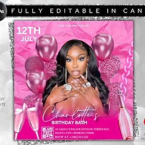 May include: Pink birthday party invitation with a photo of a woman, balloons, and champagne glasses. The text reads "12th July Charlotte's Birthday Bash" and includes the location, date, and RSVP information.
