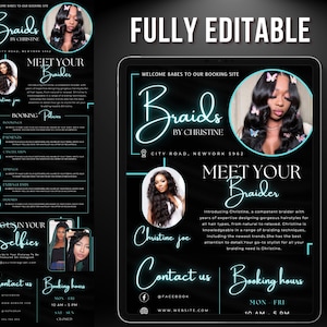 May include: A black and white digital flyer with a neon blue design. The flyer advertises a braiding service called "Braids by Christine". The flyer includes a photo of a woman with long, braided hair, the business name, address, contact information, and booking hours.
