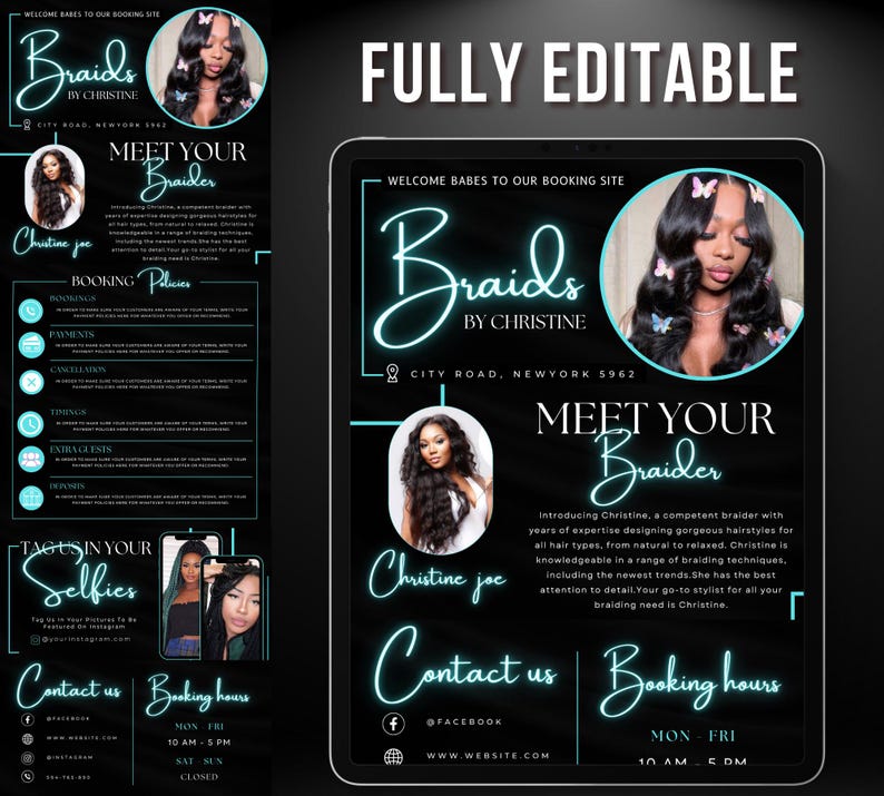 May include: A black and white digital flyer with a neon blue design. The flyer advertises a braiding service called "Braids by Christine". The flyer includes a photo of a woman with long, braided hair, the business name, address, contact information, and booking hours.