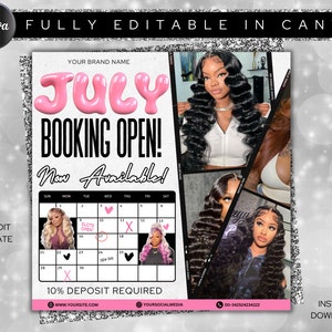 May include: A pink and black graphic with the text "JULY BOOKING OPEN! Now Available!" and a calendar with pink hearts and an X marking some dates. The graphic also includes photos of women with long, curly hair.