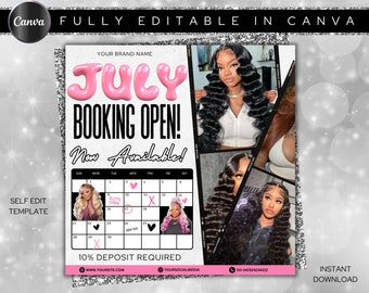 July Booking Flyer, DIY Flyer Template Design, July Appointment Flyer, Hair Lash Instagram Post, Book Now Flyer, Premade Business Flyer