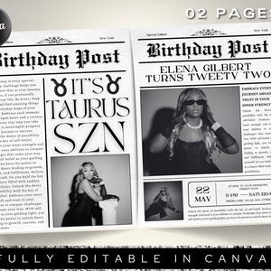 Birthday Newspaper Canva Template, Birthday Newspaper Template, Taurus Birthday, Large Birthday Newspaper, Editable Newspaper Itinerary