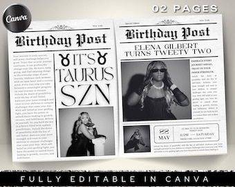 Plantilla de periódico de cumpleaños en Canva, Plantilla de periódico de cumpleaños, Cumpleaños de Tauro, Periódico de cumpleaños grande, Itinerario de periódico editable