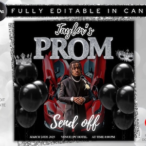 May include: A black and silver prom invitation with a photo of a person in a suit standing in front of a red car. The invitation says "Taylor's Prom" and "Send off" with the date, time, and venue.