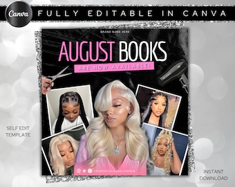 May include: A digital template for social media featuring the text AUGUST BOOKS ARE NOW AVAILABLE in pink and white. The design includes five photographs of individuals with various hairstyles, a pair of silver scissors, and a black hair dryer.