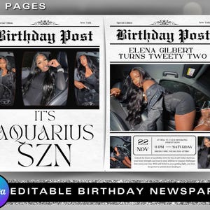 誕生日新聞 Canva テンプレート、誕生日新聞テンプレート、誕生日プログラム、大きな誕生日新聞、編集可能な新聞旅程
