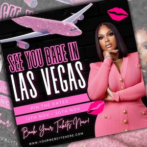 以下が含まれることがあります： 飛行機と「See You Babe in Las Vegas」というテキスト、日付「12th Nov - 30th Nov」、そして「Book Your Tickets Now!」というテキストとウェブサイトアドレスが書かれたピンクと黒のグラフィックです。