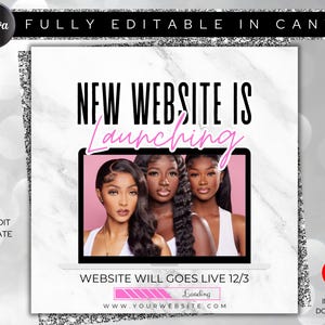 Può includere: Una grafica di marketing digitale con il testo "NEW WEBSITE IS LAUNCHING" su uno schermo di un laptop che mostra tre donne. La grafica include il testo "WEBSITE WILL GOES LIVE 12/3" e una barra di caricamento. Lo sfondo è bianco con una texture marmorea.