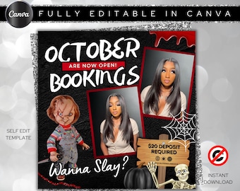 Folleto de reservas de octubre, Reservas de octubre abiertas, Folleto de peinados de Halloween, Folleto de temporada espeluznante, Folleto de peinados de octubre, Uñas MUA Lash Locs Peluca, DIY Canva