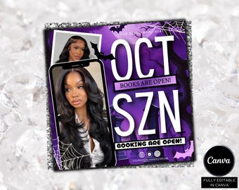 October Booking Flyer, October Books Open, Halloween Hair Flyer, Spooky SZN Flyer, October Hair Flyer, Nails MUA Lash Locs Wig, DIY Canva