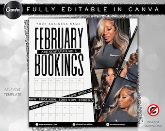 February Booking Flyer, Valentine's Day Bookings , February Calendar, Appointments Books Open, Hair Braids Nails Makeup Lashes Wigs Promo