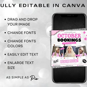 May include: A smartphone displays a pink and silver graphic for October bookings. The graphic includes the text "October Bookings" and "Book Now!" with images of three women. The phone is set against a blurred, light background.