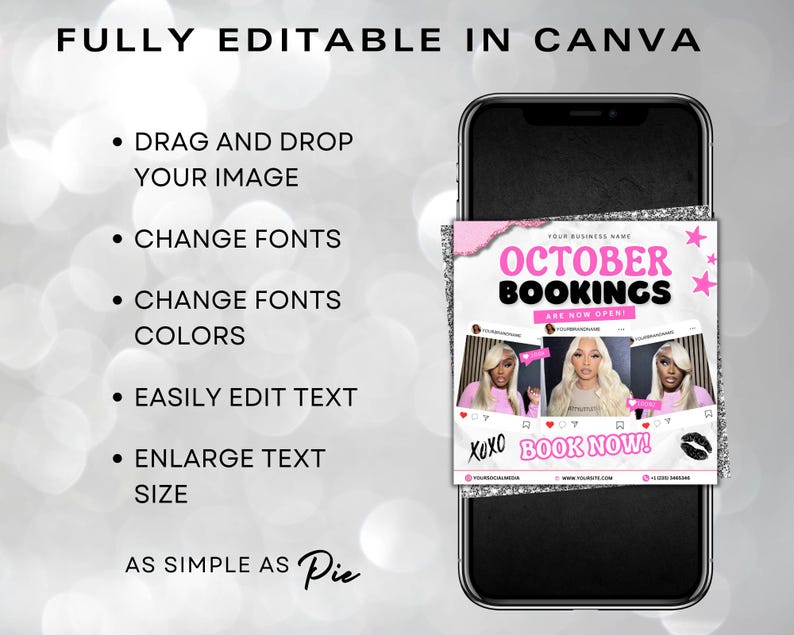May include: A smartphone displays a pink and silver graphic for October bookings. The graphic includes the text "October Bookings" and "Book Now!" with images of three women. The phone is set against a blurred, light background.