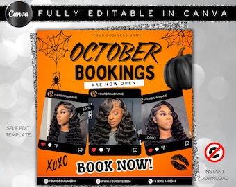 Folleto de reservas de octubre, Reservas de octubre abiertas, Folleto de peinados de Halloween, Folleto de temporada espeluznante, Folleto de peinados de octubre, Uñas MUA Lash Locs Peluca, DIY Canva