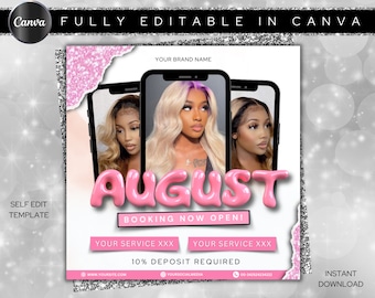 August Booking Flyer, DIY Flyer Template Design, August Appointment Flyer, Hair Lash Instagram Post, Book Now Flyer, Premade Business Flyer
