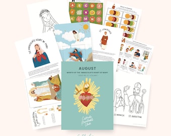 May include: A collection of printable activity sheets for children featuring religious themes. The sheets include coloring pages, a build-a-burger game, a matching game, and a letter matching activity. The sheets are designed for August, the month of the Immaculate Heart of Mary. The sheets are part of the Catholic Printable Club.