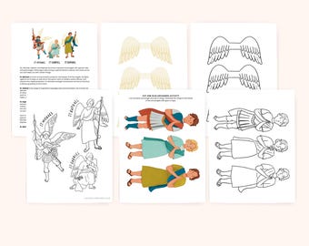 May include: A collection of printable activity sheets featuring religious illustrations. The sheets include images of angels, angel wings, and figures in various poses. Text includes "St. Michael, St. Gabriel, St. Raphael" and "Catholic Printable Club".