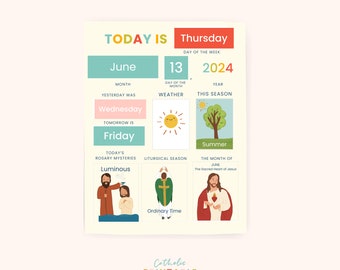 Pacchetto calendario giornaliero cattolico, lavagna mattutina, attività di lavoro mattutino per l&#39;istruzione parentale, giorni della settimana, mesi dell&#39;anno