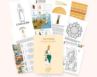 May include: A printable pack of Catholic-themed coloring pages and activities for October, the month of the Holy Rosary. The pack includes a coloring page of St. Francis of Assisi, a coloring page of Our Lady of the Rosary, and a coloring page of a sunflower. The pack also includes a page with a list of saints for the month of October, a page with a list of the mysteries of the Rosary, and a page with a list of the virtues of the Rosary.