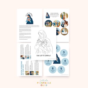 Afdrukbaar pakket Onze-Lieve-Vrouw van Smarten feestdag | Kort verhaal, kleurplaat, informatieblad en activiteit Zeven smarten, Zeven smarten van september