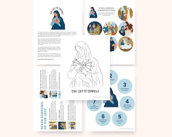 Pacchetto stampabile per la festa della Madonna Addolorata / Racconto breve, pagina da colorare, scheda informativa e attività sui sette dolori, sette dolori di settembre