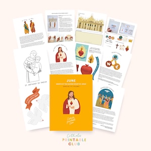 May include: A collection of printable religious materials, including illustrations of saints, religious symbols, and a cover titled "June, Month of the Sacred Heart of Jesus." The materials are arranged on a light pink surface.